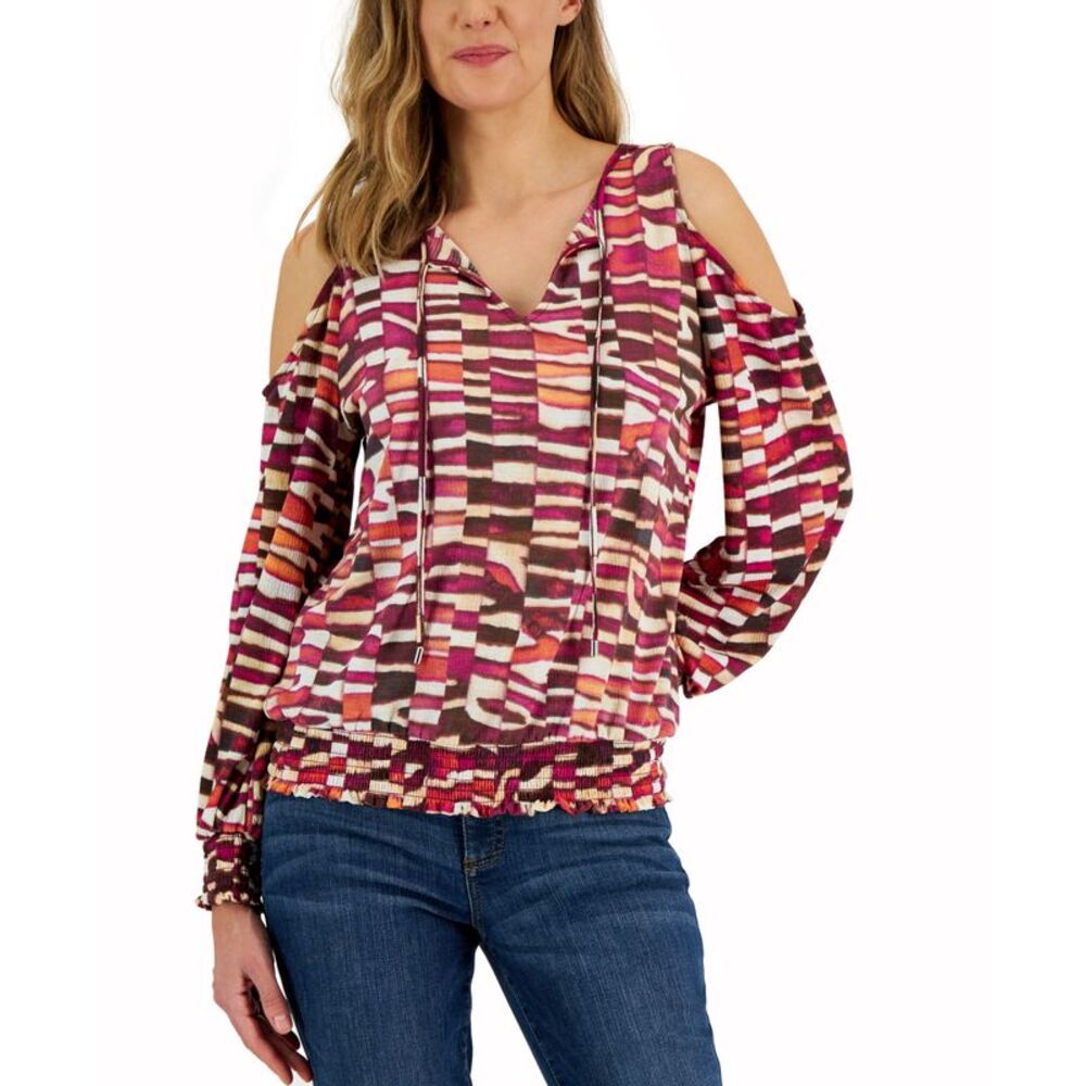 INC International Concepts Women's Printed Cold-Shoulder Top